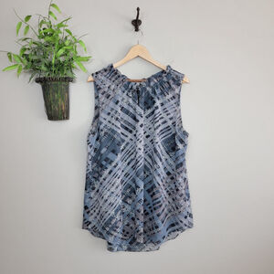 Cabi #3451 Graph Trellis Sheer Layered Sleeveless Blouse Keyhole Gray Floral XL